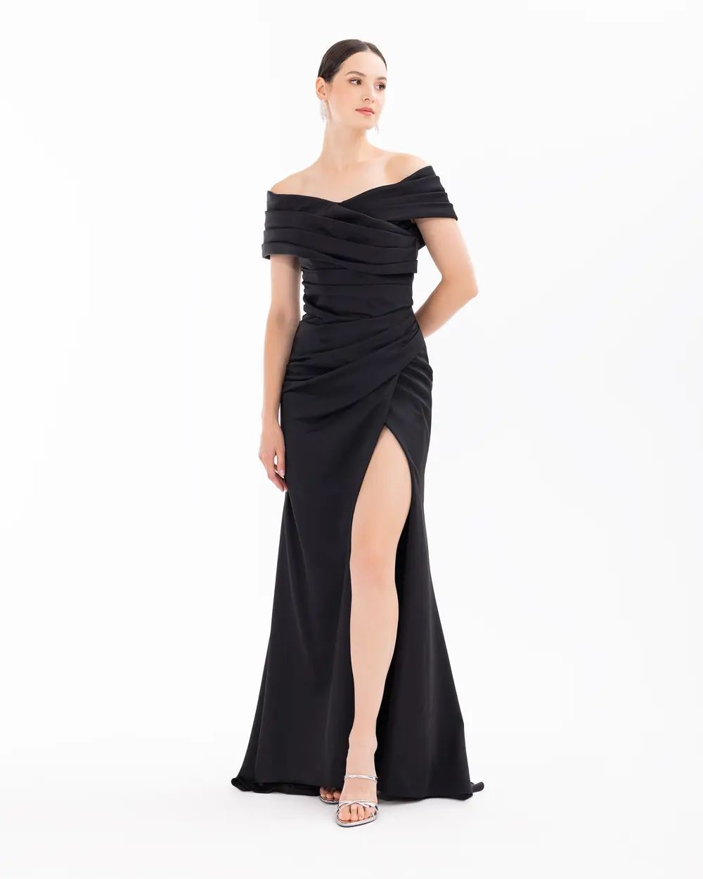 Draped Off Shoulder Slit Evening Dress