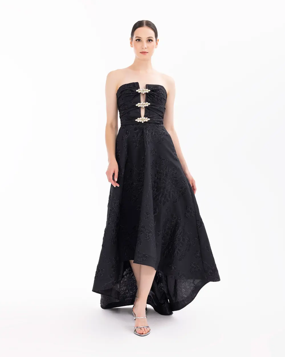 Strapless Jacquard Evening Dress with Stones