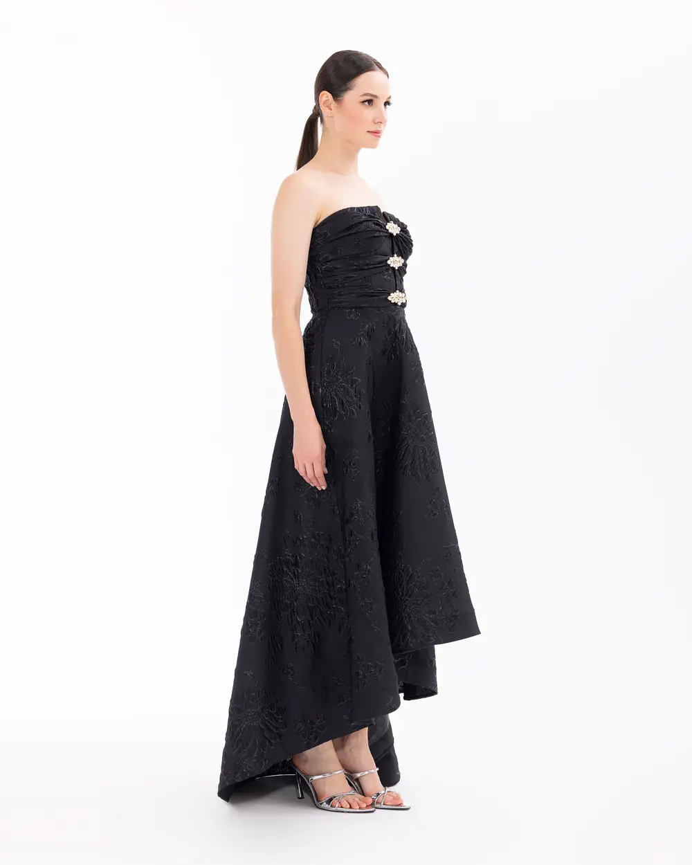 Strapless Jacquard Evening Dress with Stones