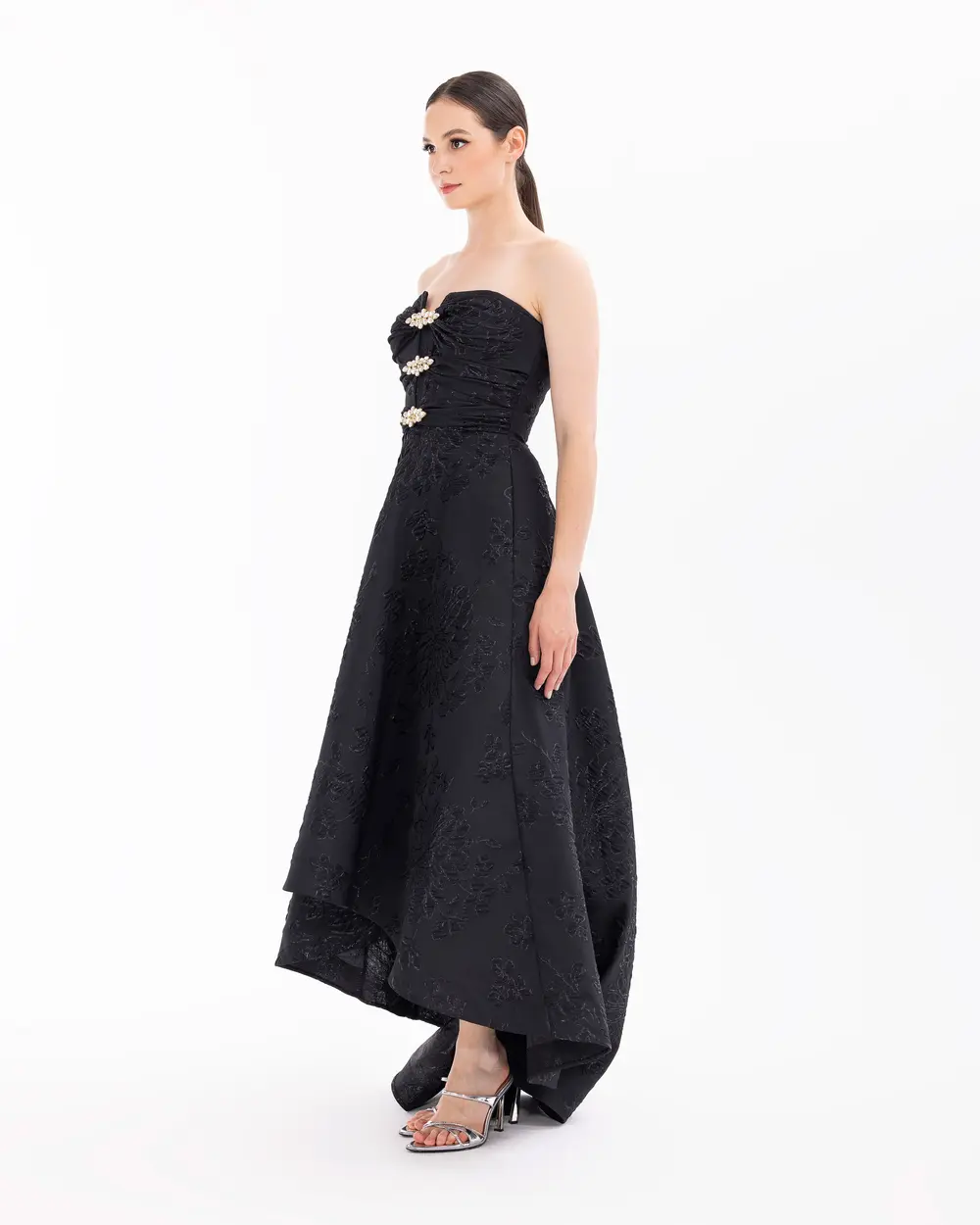 Strapless Jacquard Evening Dress with Stones