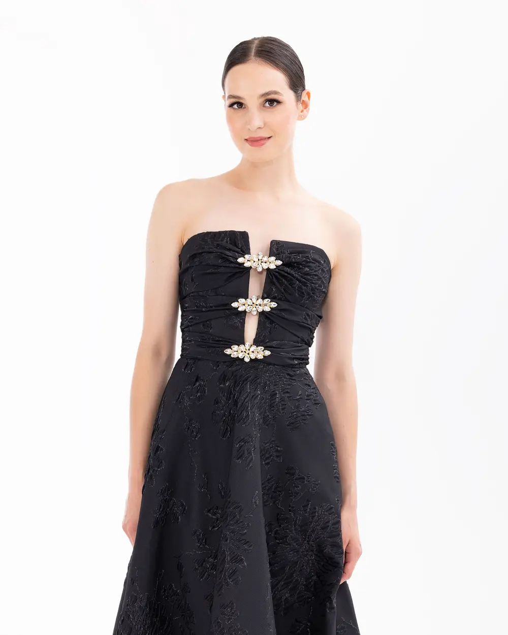 Strapless Jacquard Evening Dress with Stones