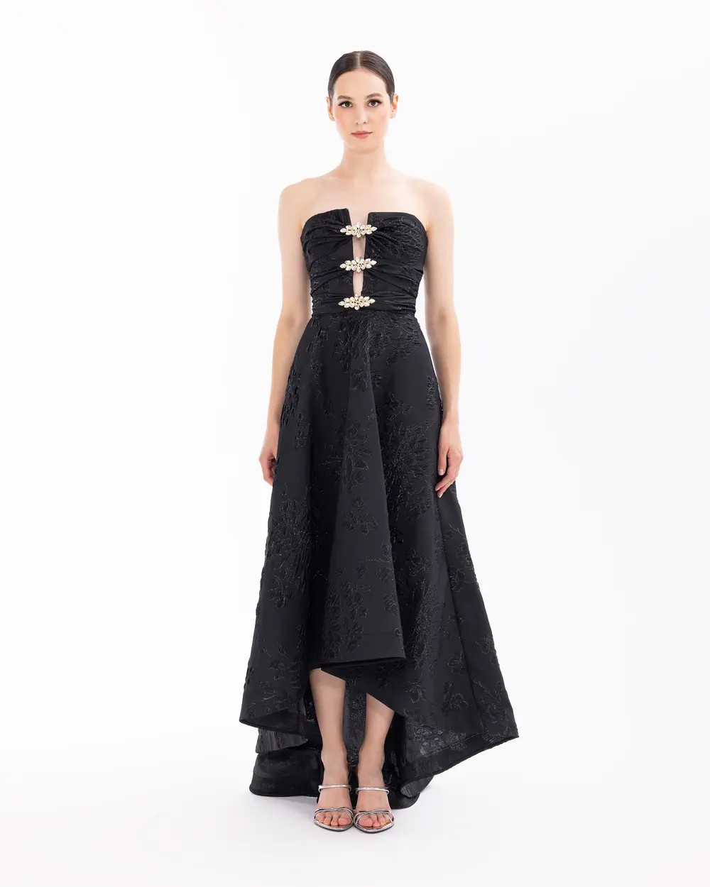 Strapless Jacquard Evening Dress with Stones