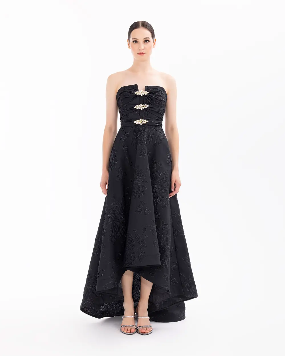 Strapless Jacquard Evening Dress with Stones