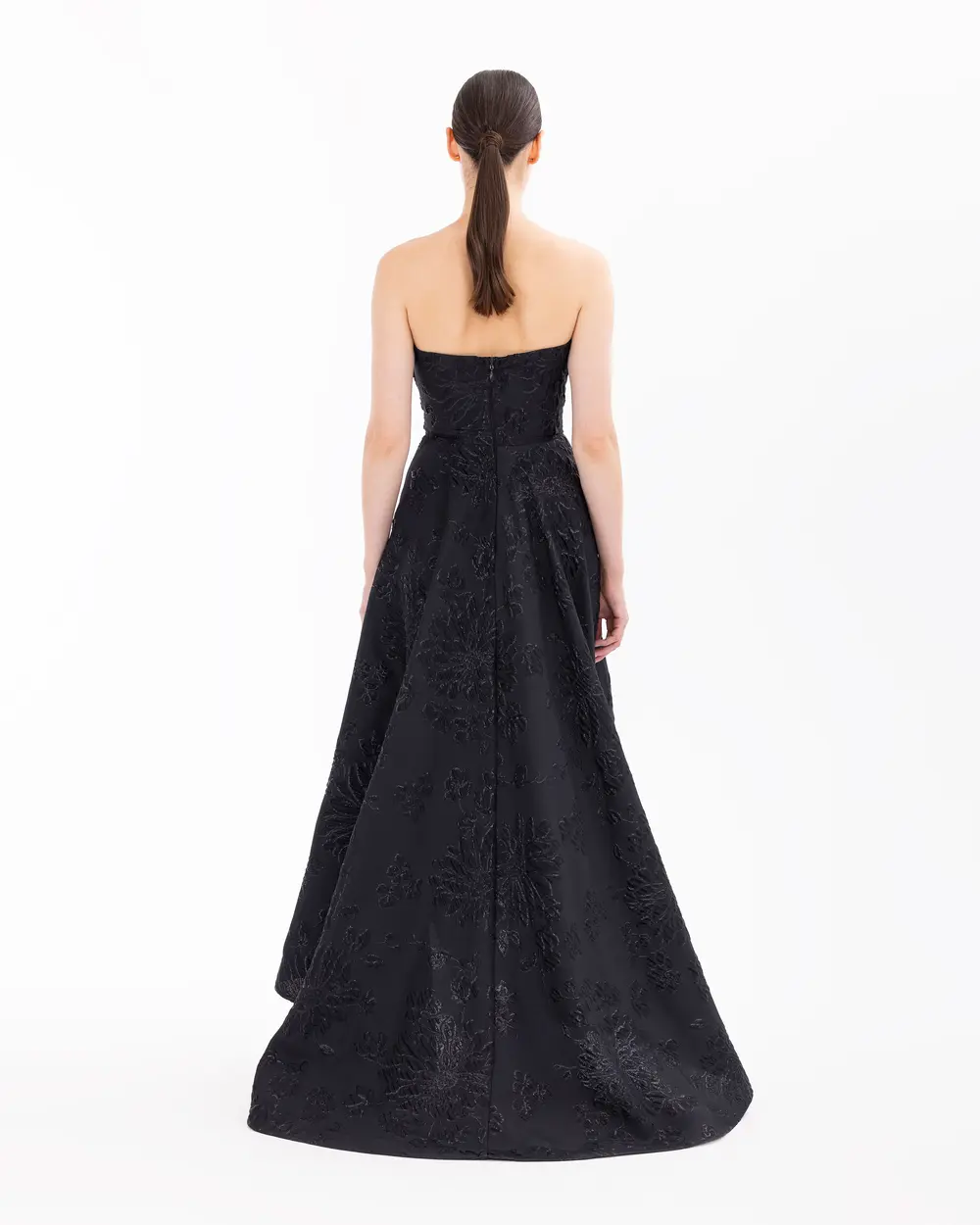 Strapless Jacquard Evening Dress with Stones