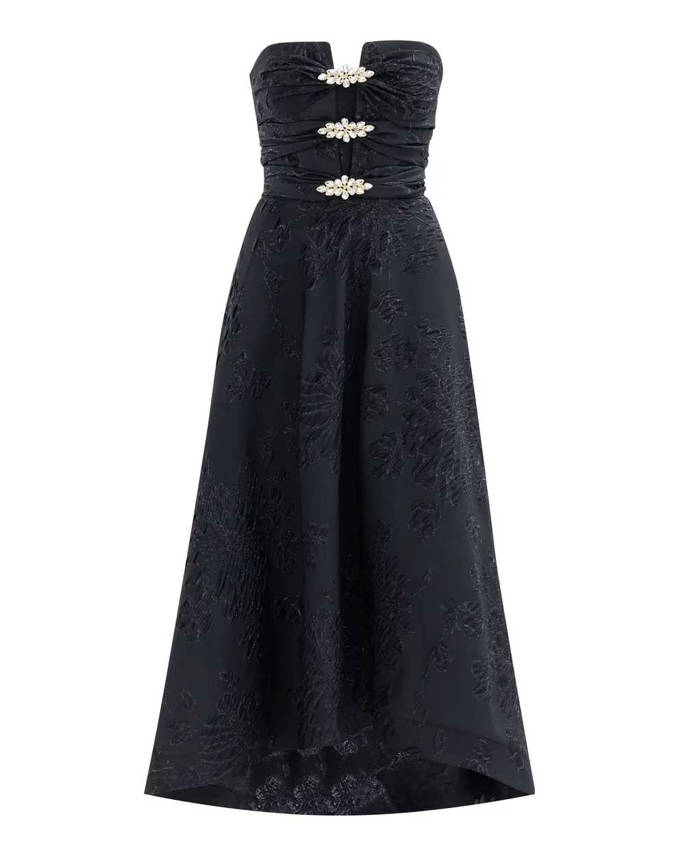 Strapless Jacquard Evening Dress with Stones