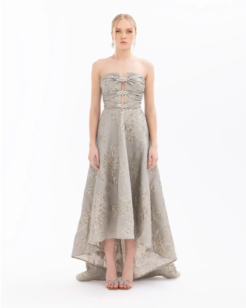 Strapless Jacquard Evening Dress with Stones