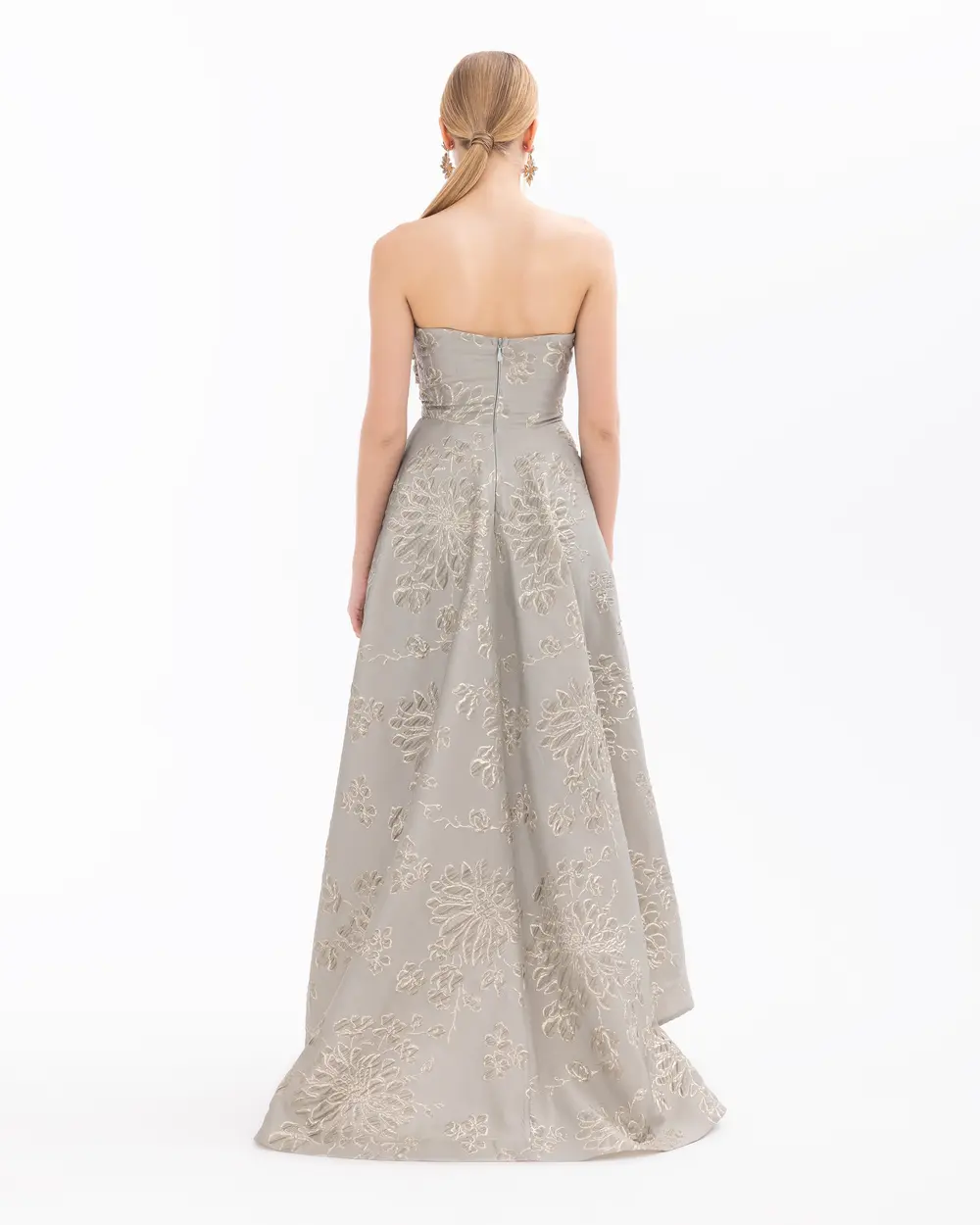 Strapless Jacquard Evening Dress with Stones