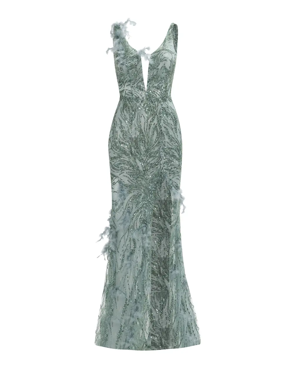 Feather Detailed V-Neck Slit Fish Form Evening Dress