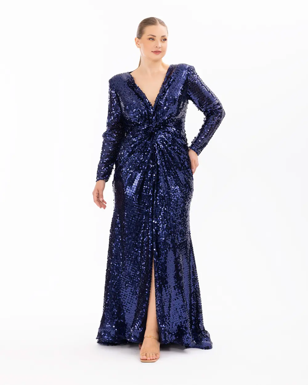 Draped Long Sleeve Sequin Evening Dress