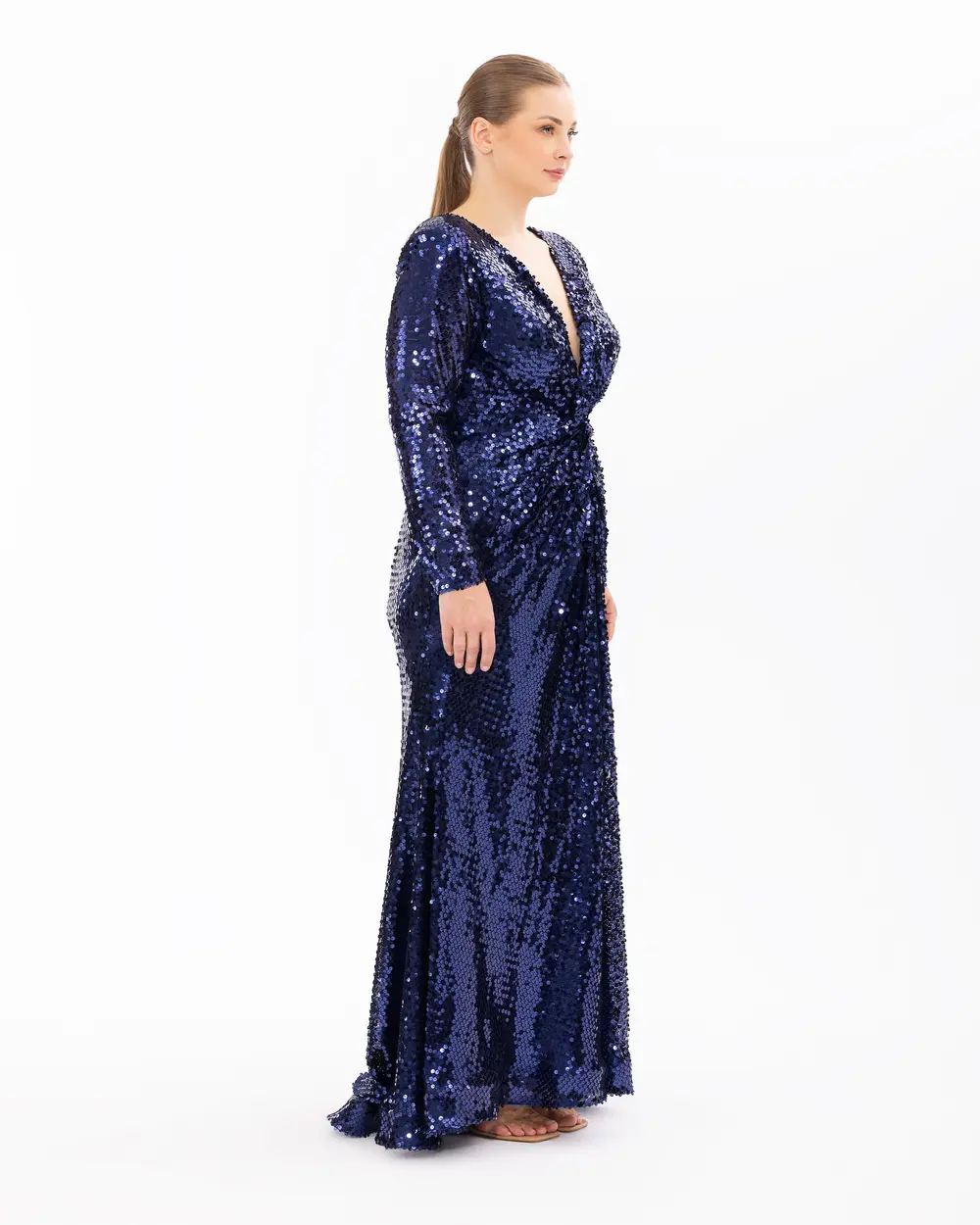 Draped Long Sleeve Sequin Evening Dress