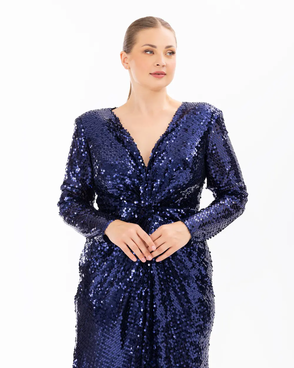 Draped Long Sleeve Sequin Evening Dress