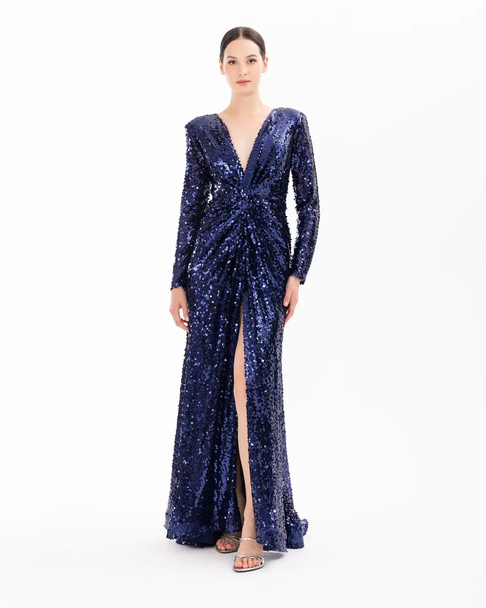 Draped Long Sleeve Sequin Evening Dress