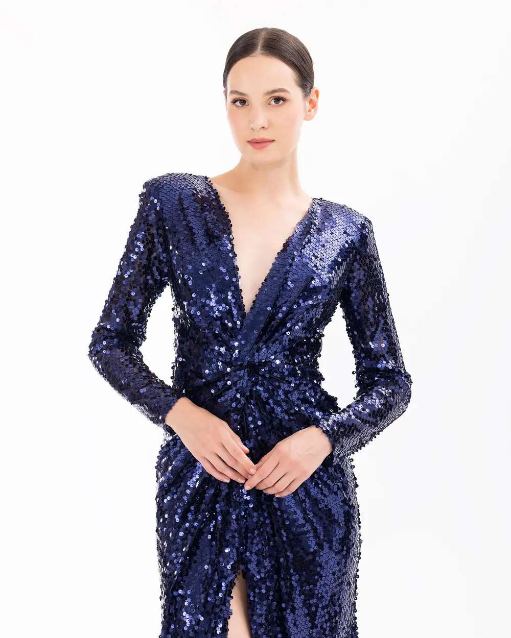 Draped Long Sleeve Sequin Evening Dress