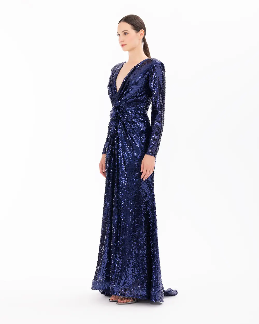 Draped Long Sleeve Sequin Evening Dress