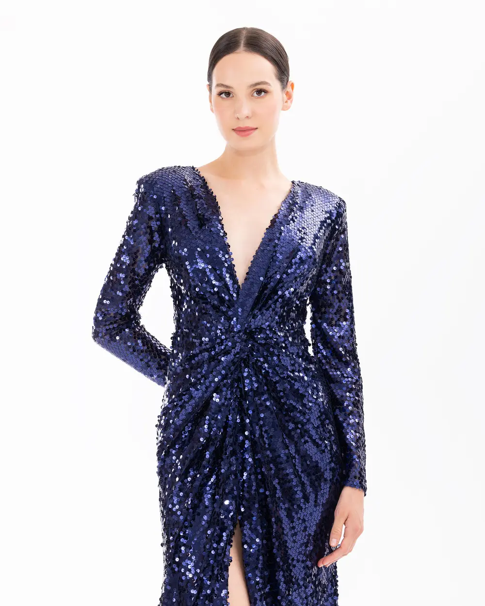 Draped Long Sleeve Sequin Evening Dress