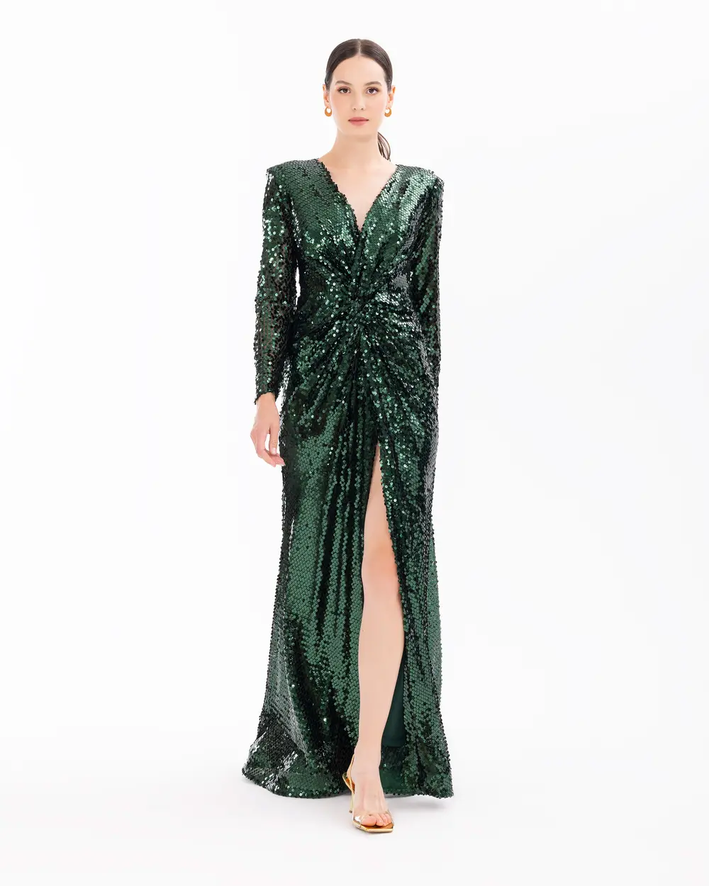 Draped Long Sleeve Sequin Evening Dress