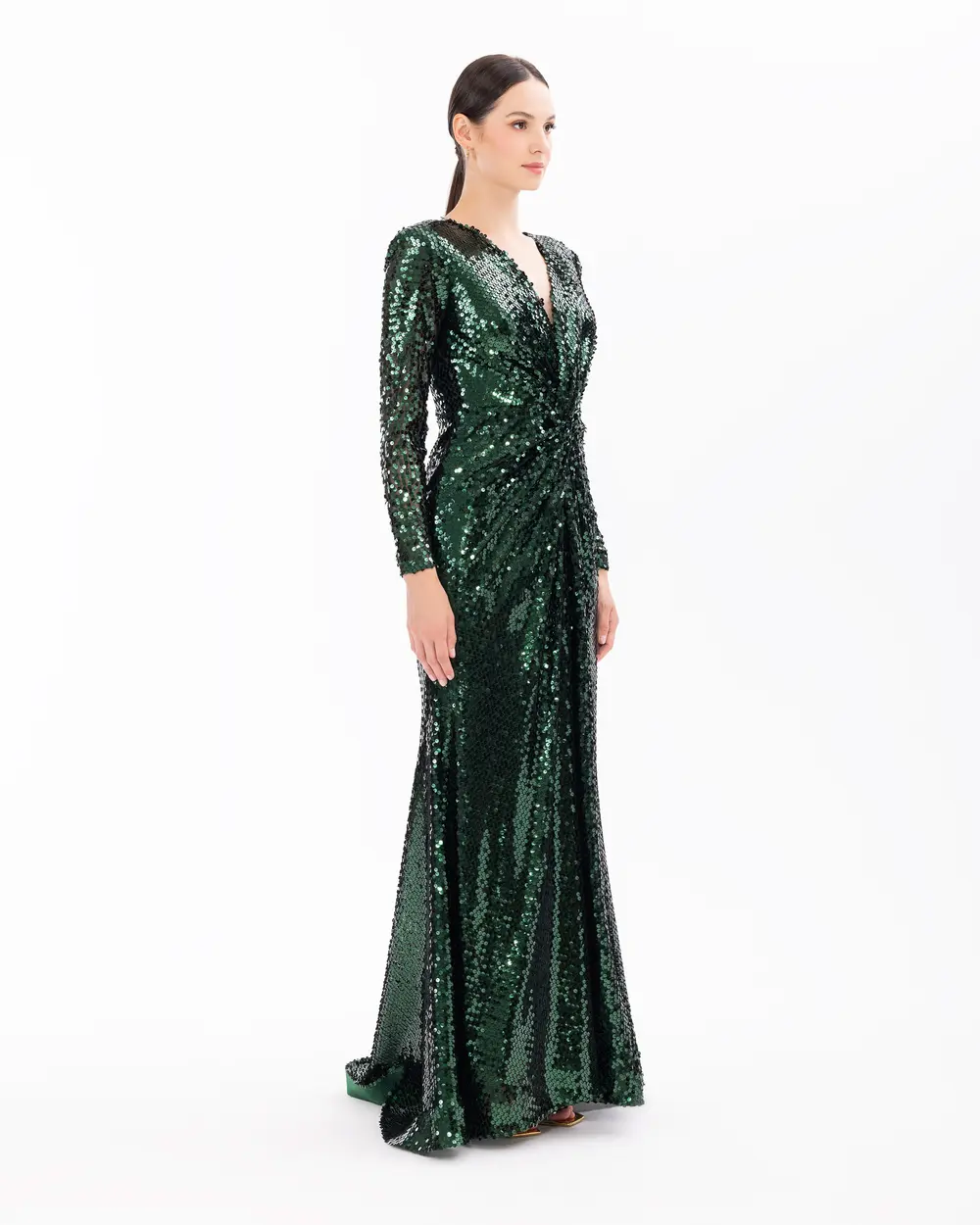 Draped Long Sleeve Sequin Evening Dress