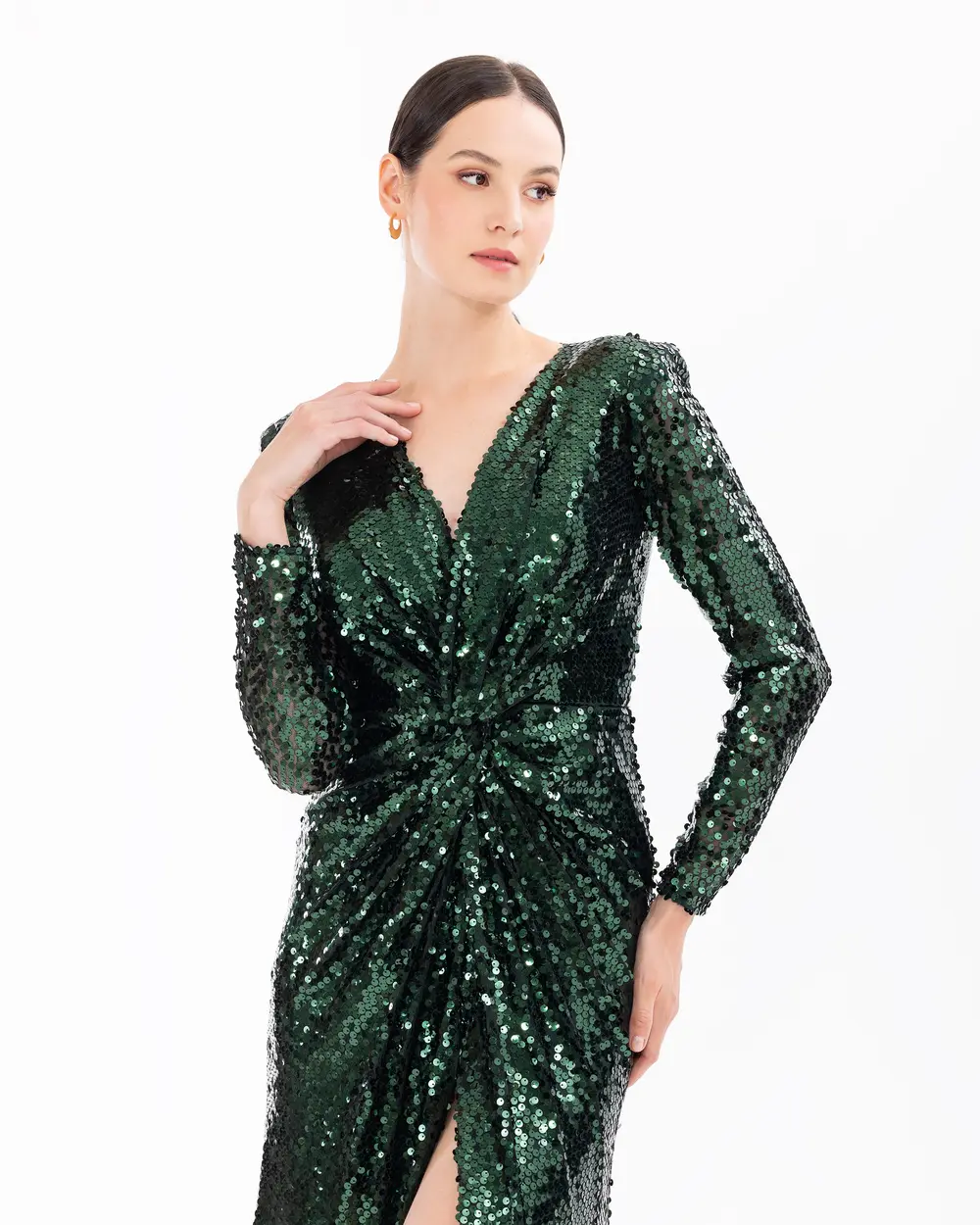 Draped Long Sleeve Sequin Evening Dress