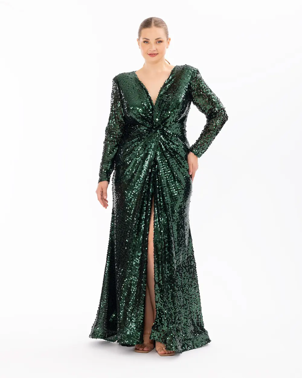 Draped Long Sleeve Sequin Evening Dress