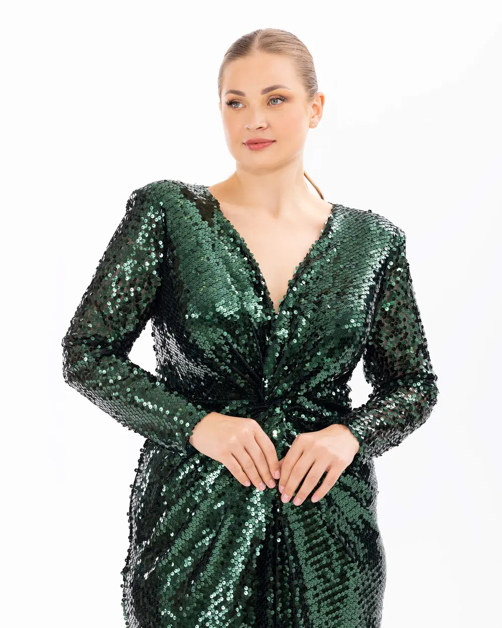 Draped Long Sleeve Sequin Evening Dress