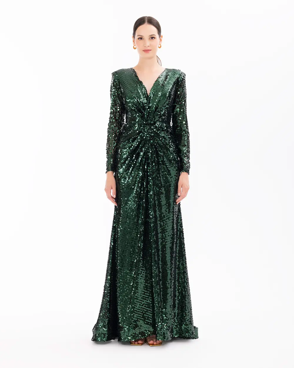 Draped Long Sleeve Sequin Evening Dress