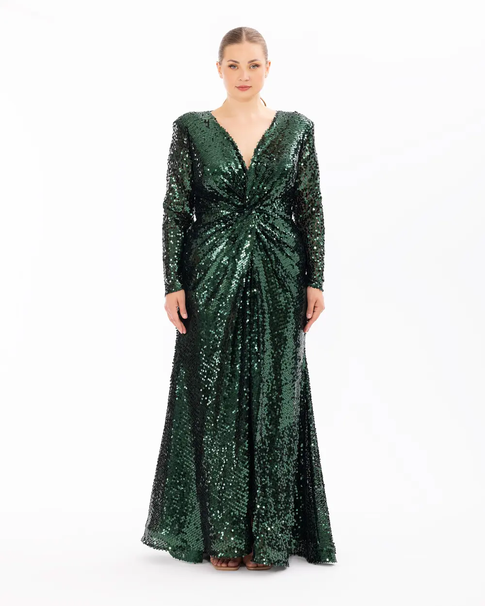 Draped Long Sleeve Sequin Evening Dress