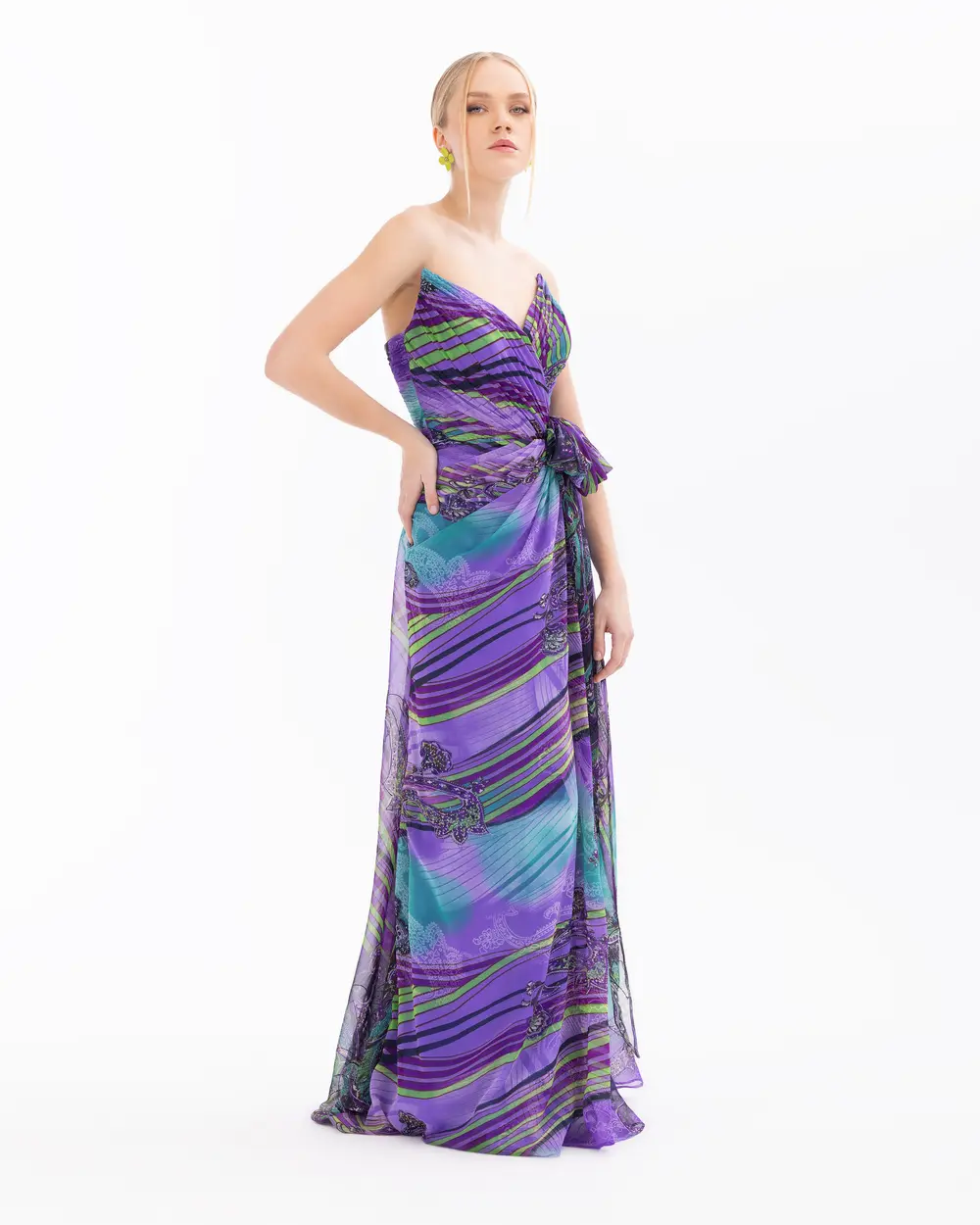 Strapless Collar Patterned Chiffon Evening Dress