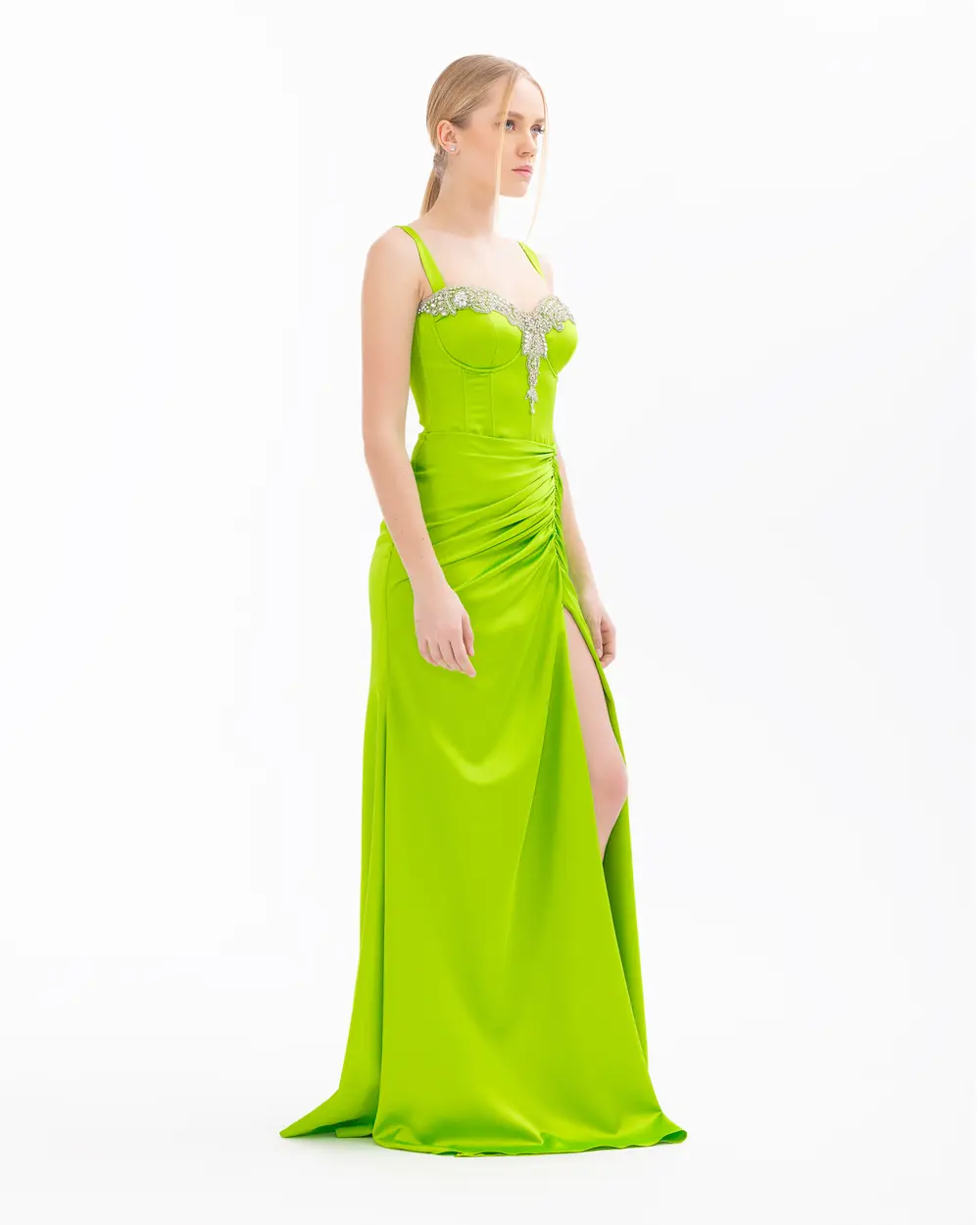 Satin Draped Evening Dress with Breast Cups