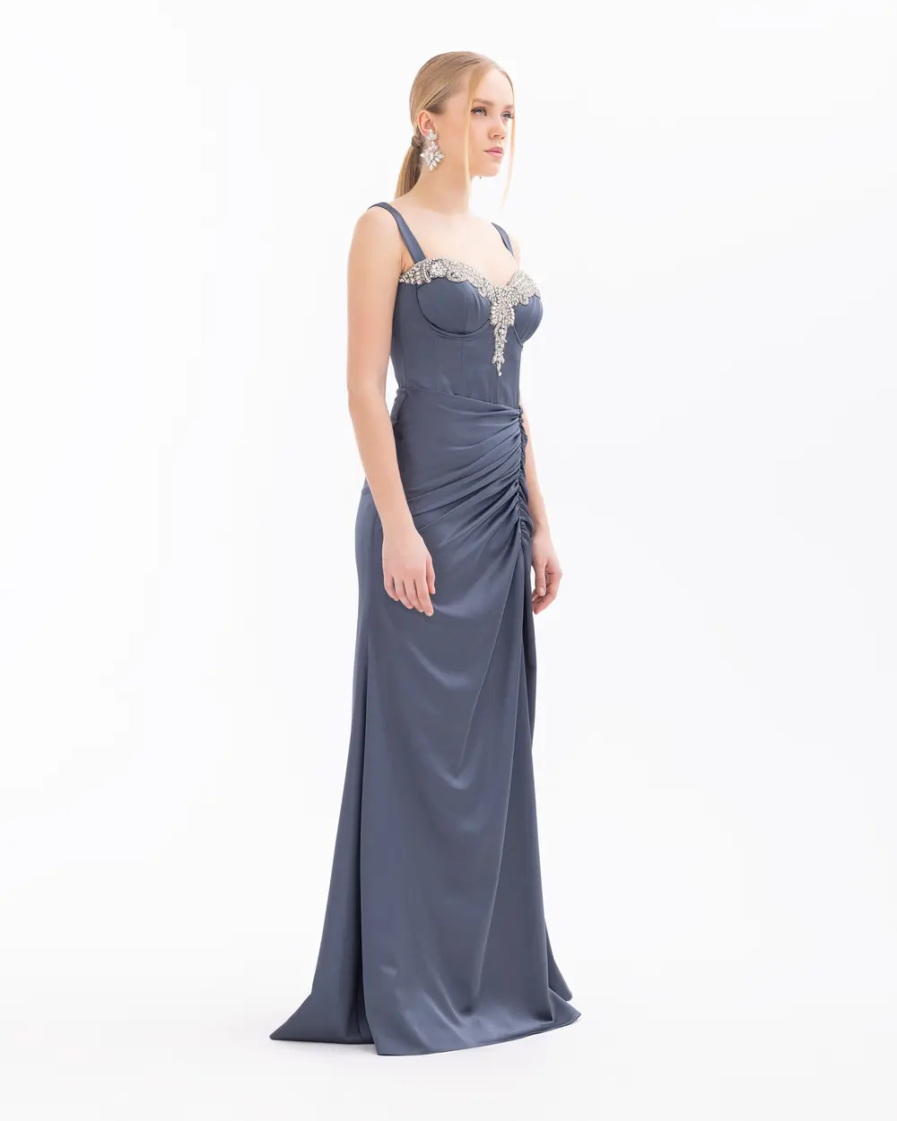 Satin Draped Evening Dress with Breast Cups