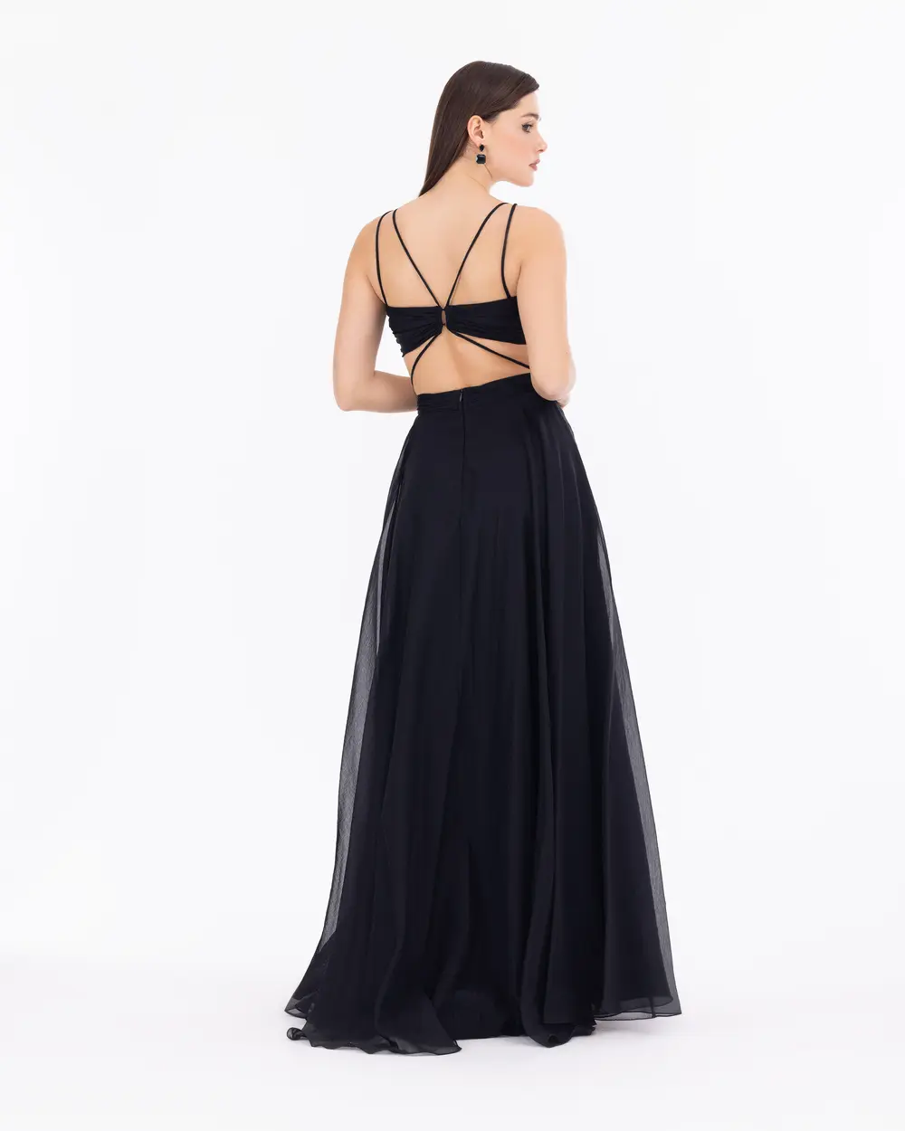 Window Detailed Chiffon Evening Dress with Straps