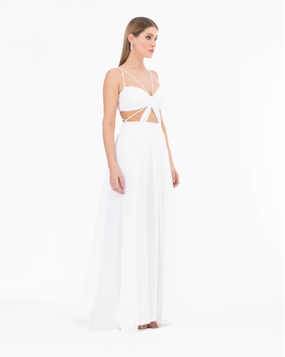 Window Detailed Chiffon Evening Dress with Straps