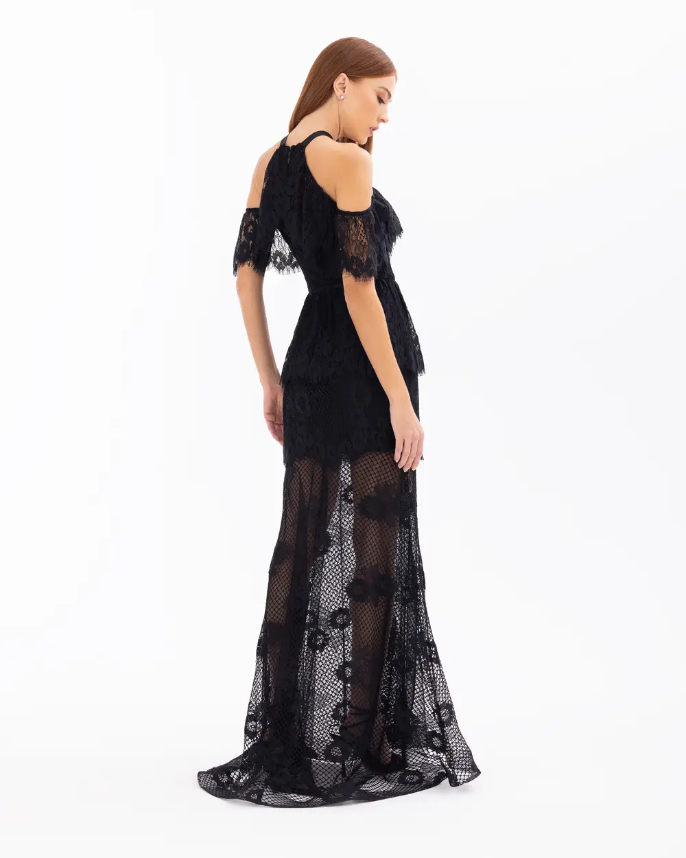 Halter Neck Lace Evening Dress with Slits
