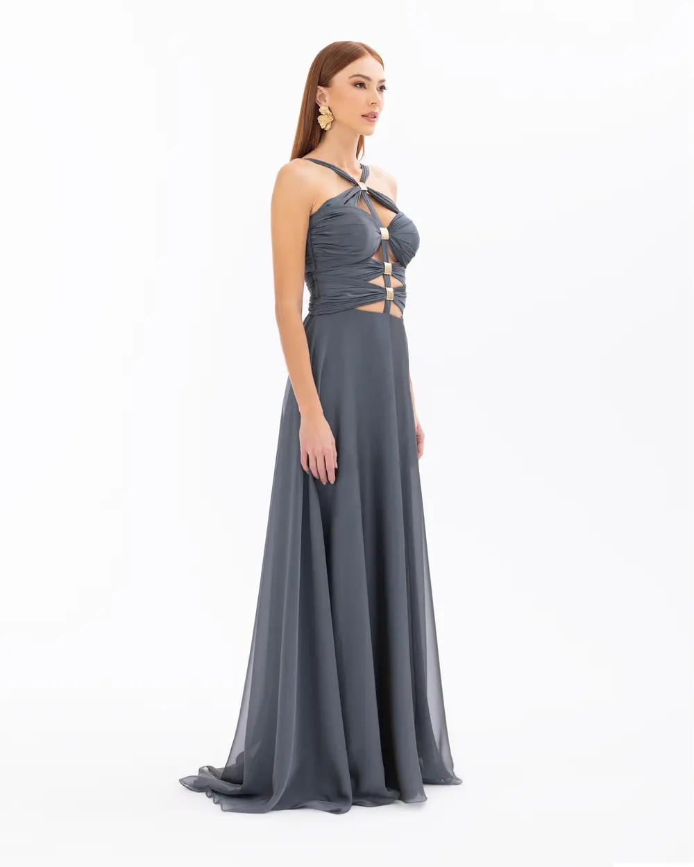 Halter Neck Window Detailed Chiffon Evening Dress