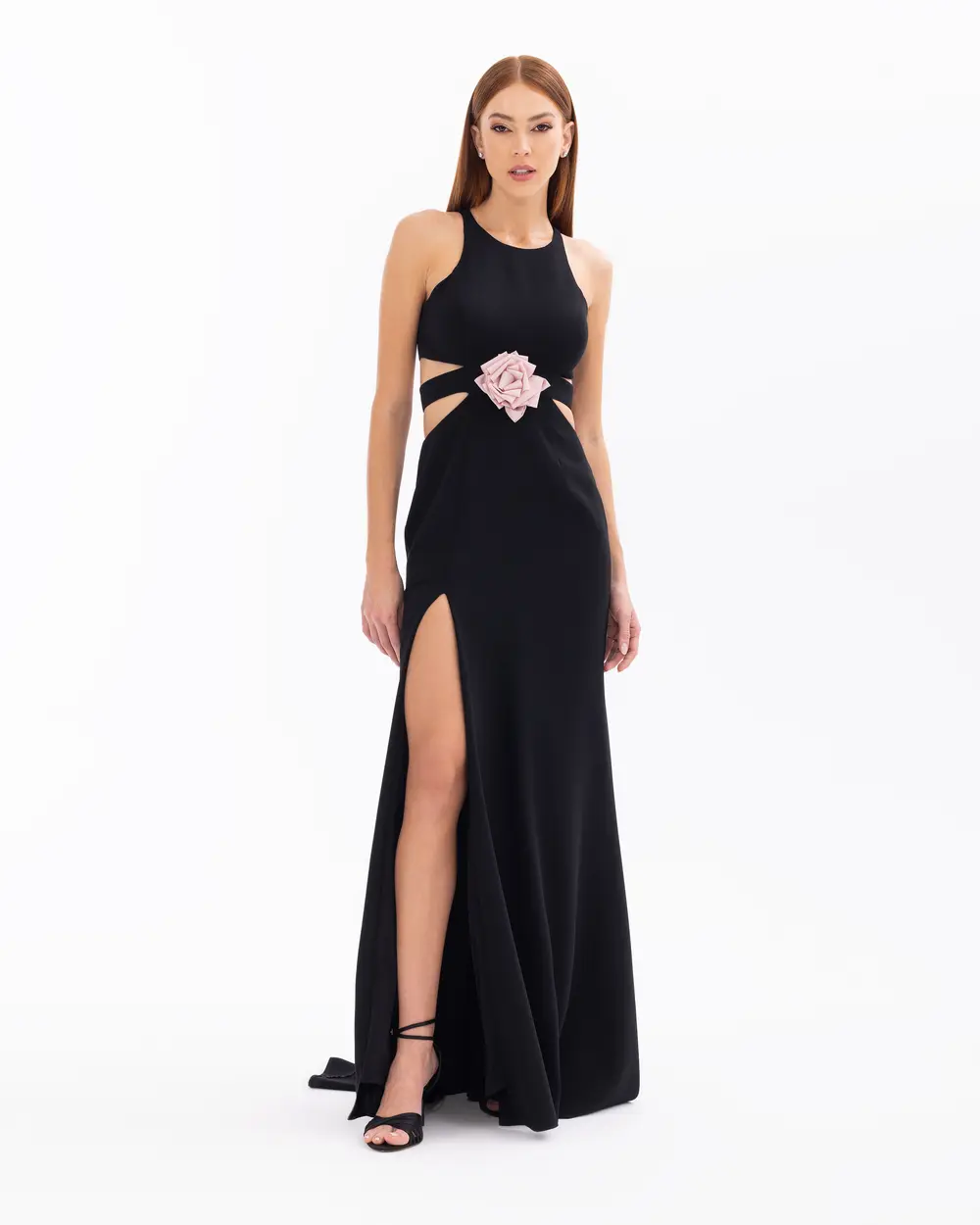 Rose Detailed Fish Form Evening Dress with Slits