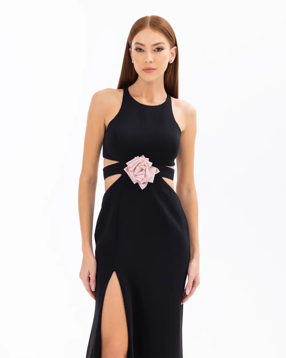 Rose Detailed Fish Form Evening Dress with Slits