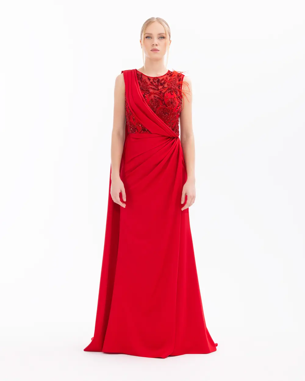 Satin Draped Narrow Form Evening Dress