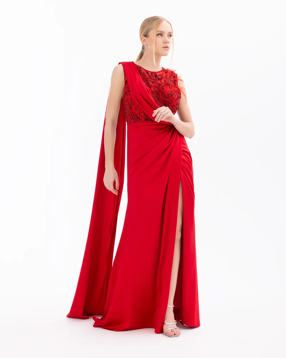 Satin Draped Narrow Form Evening Dress