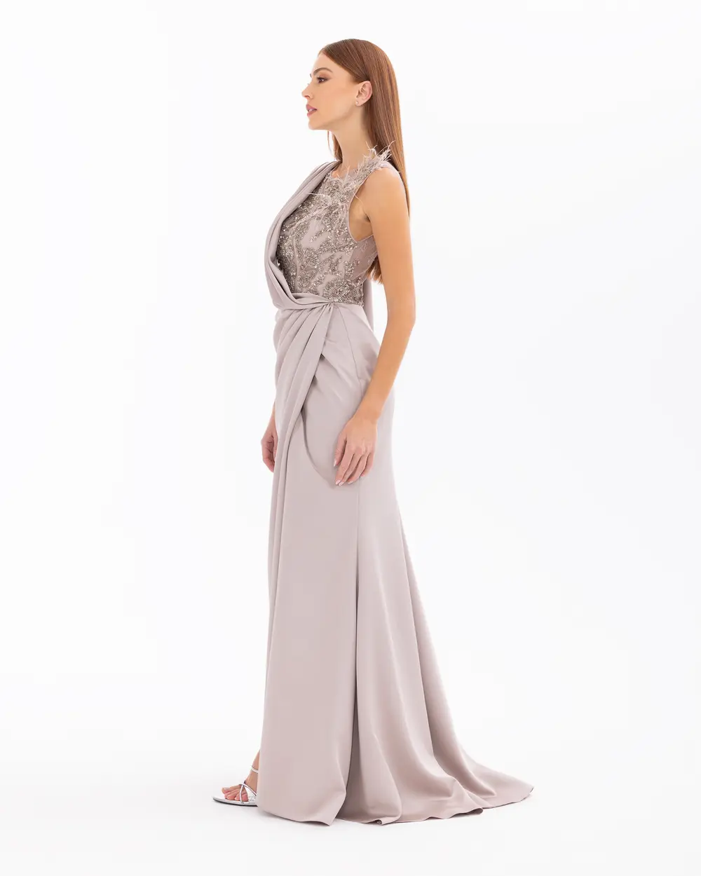 Satin Draped Narrow Form Evening Dress