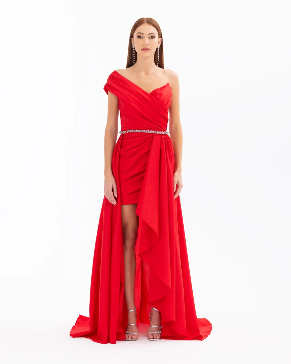 Swallow Neck Evening Dress with Removable Skirt and Belt