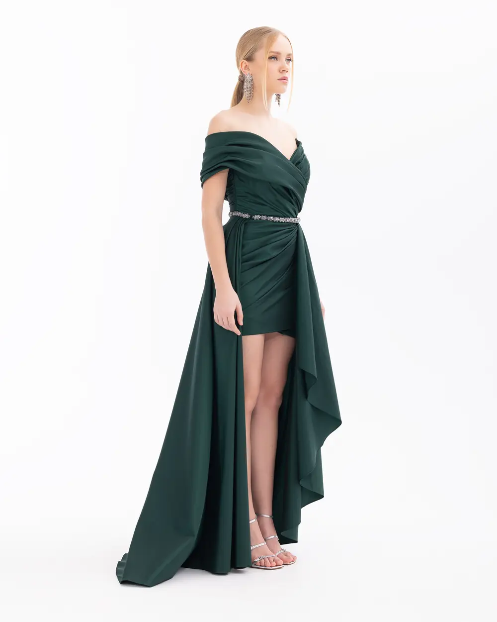 Swallow Neck Evening Dress with Removable Skirt and Belt