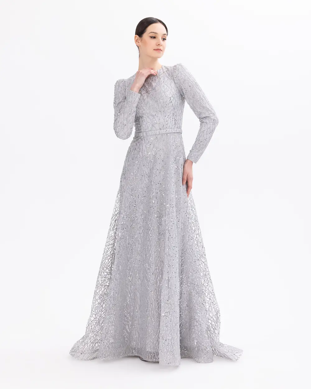 Belted Maxi Length Silvery Long Sleeve Evening Dress
