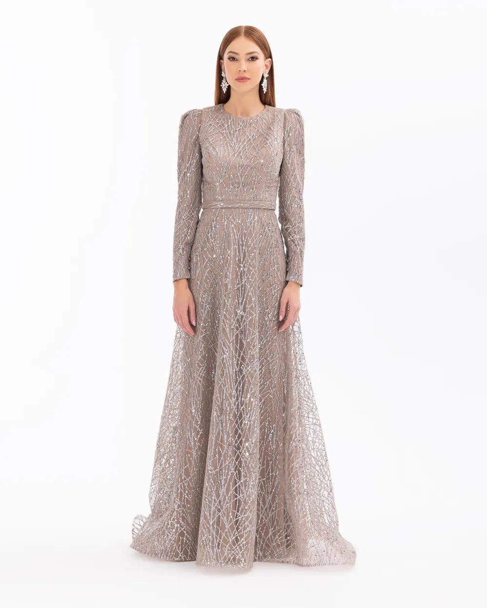 Belted Maxi Length Silvery Long Sleeve Evening Dress