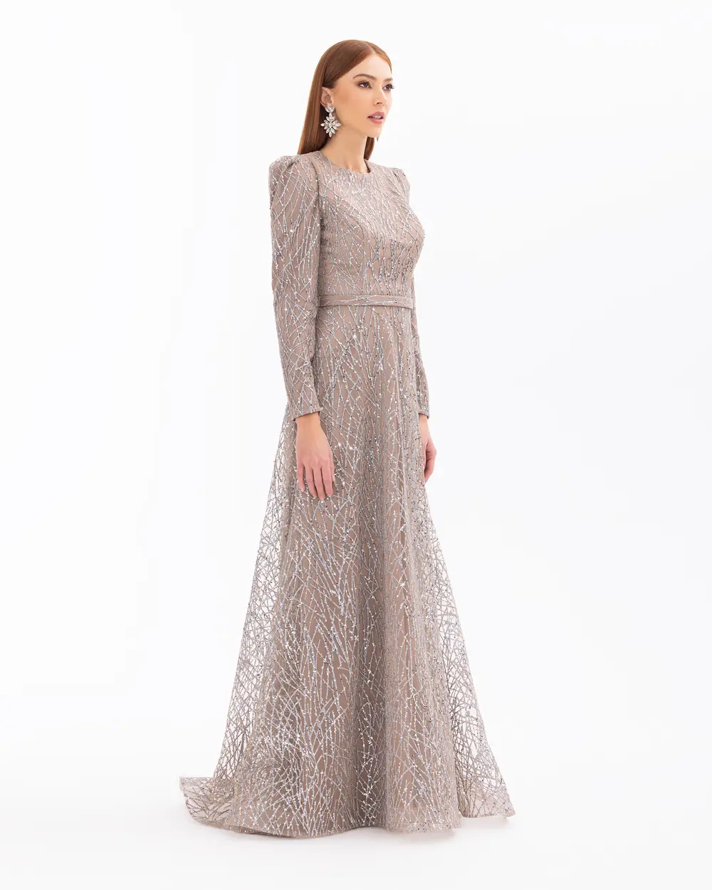 Belted Maxi Length Silvery Long Sleeve Evening Dress