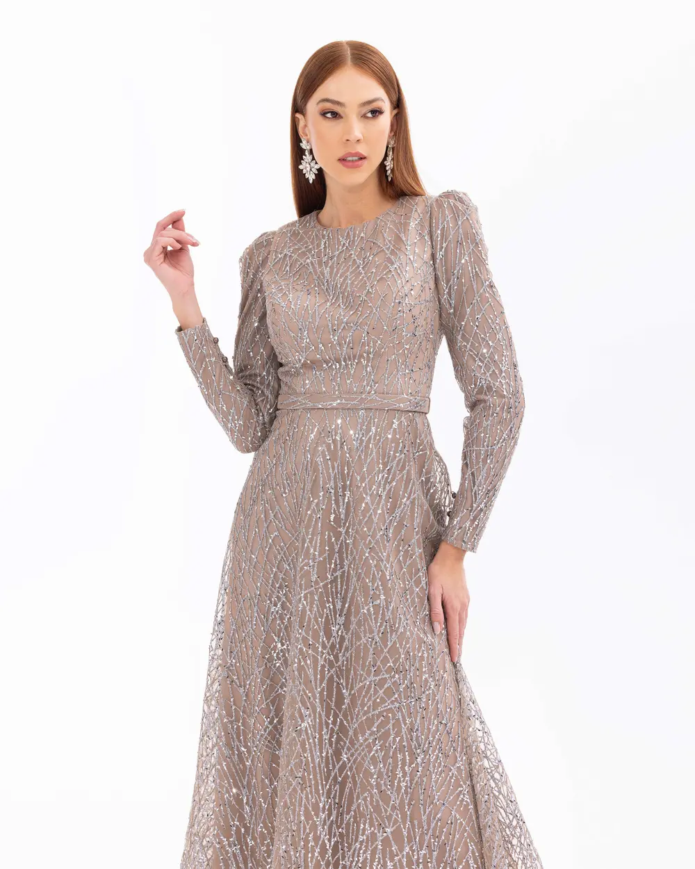 Belted Maxi Length Silvery Long Sleeve Evening Dress