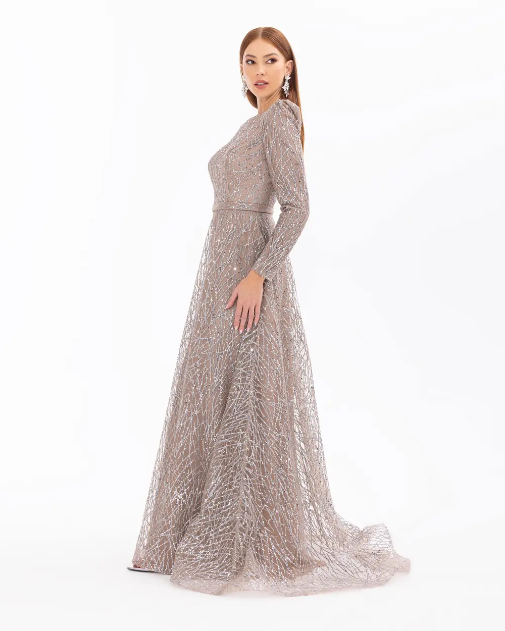 Belted Maxi Length Silvery Long Sleeve Evening Dress