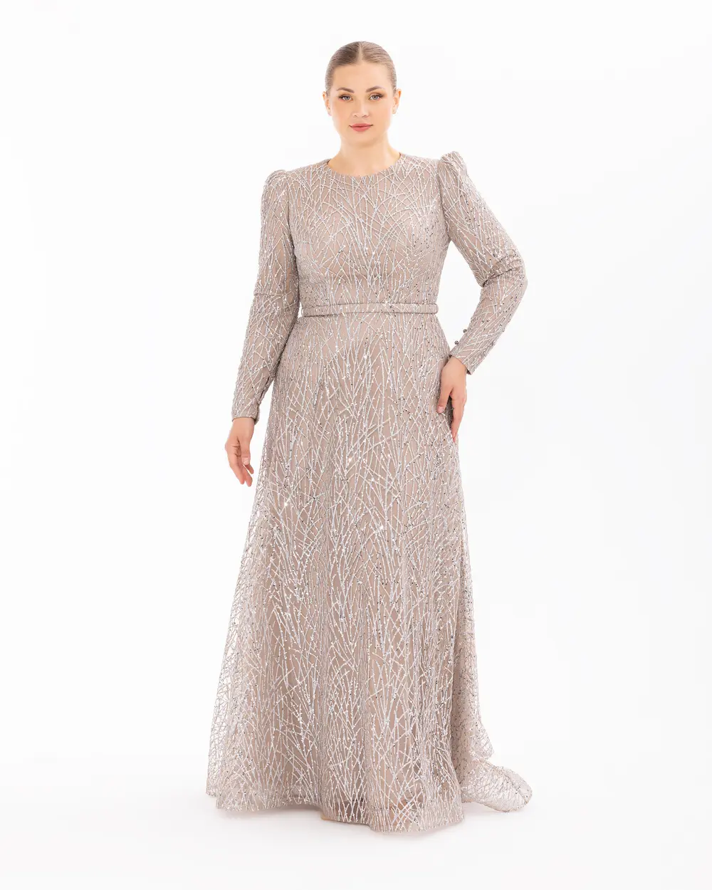 Belted Maxi Length Silvery Long Sleeve Evening Dress