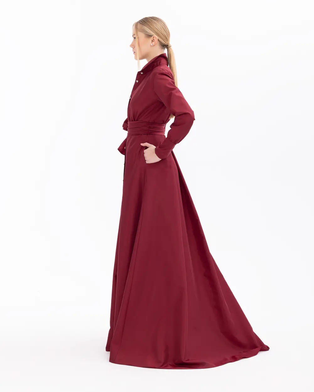 Shirt Collar Stone Detailed Full Length Evening Dress - Ilmio