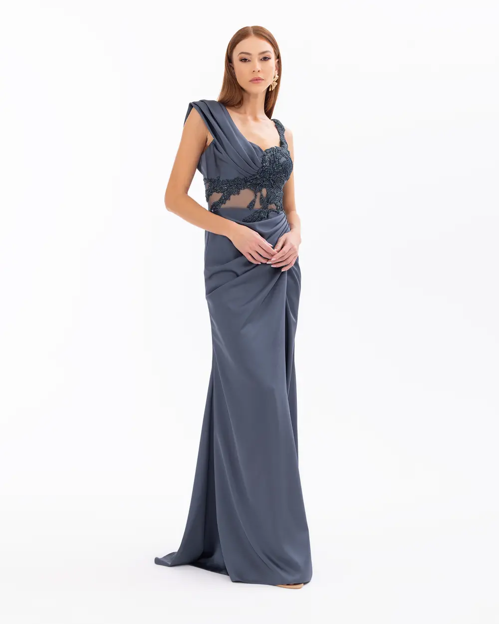 Slit Fish Form Evening Dress with Indian Accessories