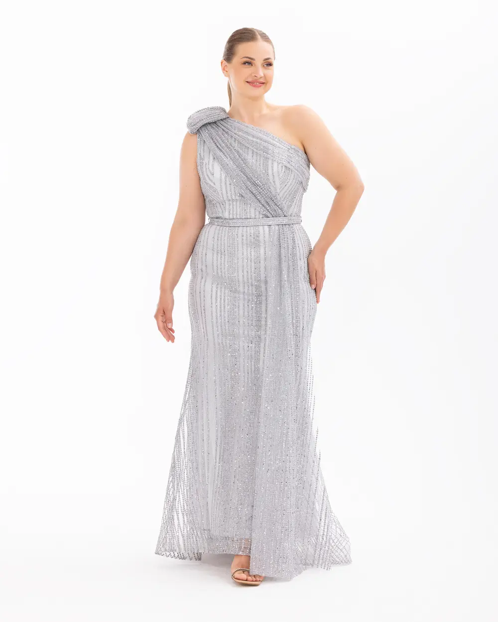 Belted One Shoulder Silvery Fish Form Evening Dress