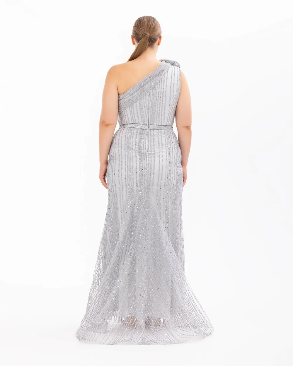 Belted One Shoulder Silvery Fish Form Evening Dress